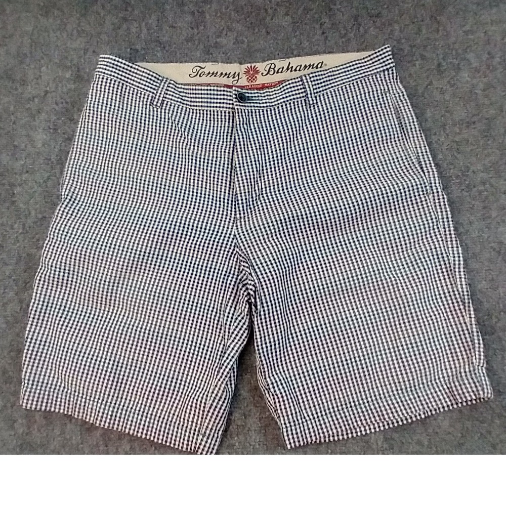 Tommy Bahama Paradise Nation Mens 34 Gingham Plaid Cotton Shorts Blue Red Tan